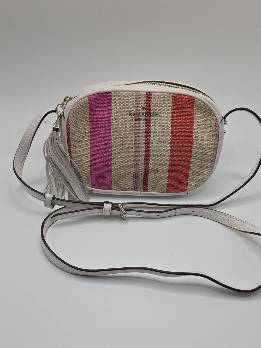 kate spade White Leather Crossbody Camera Bag with Pink & Orange Stripes